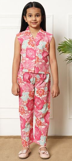 Casual, Summer Pink and Majenta color Girls Co-ords Set in Cotton fabric with Floral, Printed work : 1936980