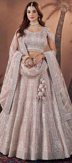 Bridal, Wedding Pink and Majenta color Ready to Wear Lehenga in Net fabric with Flared Embroidered, Sequence, Thread, Zircon work : 1936993