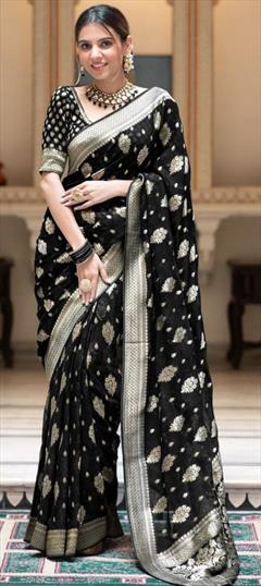 Festive, Traditional Black and Grey color Saree in Banarasi Silk fabric with South Weaving work : 1937002