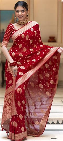 Festive, Traditional Red and Maroon color Saree in Banarasi Silk fabric with South Weaving work : 1937006