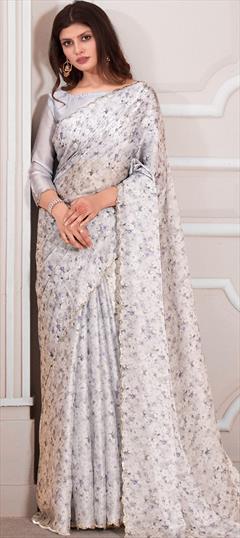 Engagement, Reception, Traditional White and Off White color Saree in Satin Silk fabric with Classic Digital Print, Floral, Stone work : 1937030