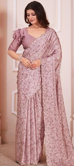 Engagement, Reception, Traditional Pink and Majenta color Saree in Satin Silk fabric with Classic Digital Print, Floral, Stone work : 1937035