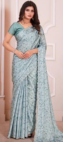 Engagement, Reception, Traditional Blue color Saree in Satin Silk fabric with Classic Digital Print, Floral, Stone work : 1937037