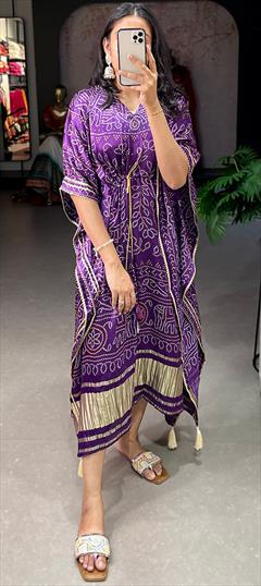 Summer Purple and Violet color Kaftan in Art Silk fabric with Bandhej, Digital Print, Gota Patti work : 1937063