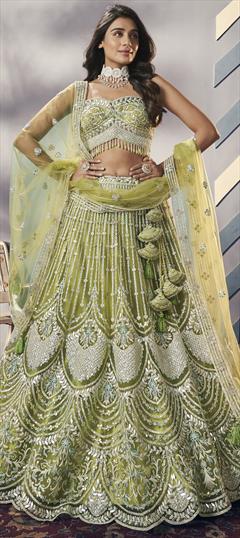Bridal, Wedding Green color Lehenga in Net fabric with Flared Embroidered, Sequence, Stone, Zircon work : 1937070