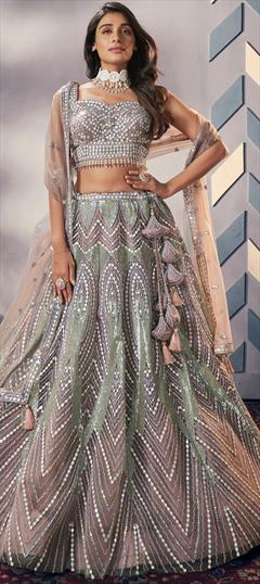 Bridal, Wedding Beige and Brown color Lehenga in Net fabric with Flared Embroidered, Sequence, Stone, Zircon work : 1937071