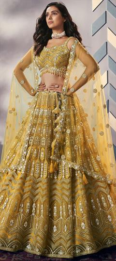 Bridal, Wedding Yellow color Lehenga in Net fabric with Flared Embroidered, Sequence, Stone, Zircon work : 1937072