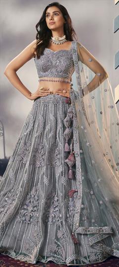Bridal, Wedding Black and Grey color Lehenga in Net fabric with Flared Embroidered, Sequence, Stone, Zircon work : 1937075