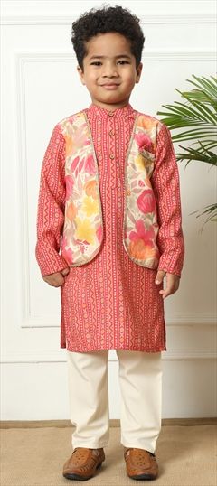 Festive, Wedding Pink and Majenta color Boys Kurta Pyjama with Jacket in Chanderi Silk fabric with Floral, Lace, Printed work : 1937193