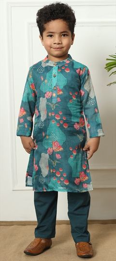 Festive, Wedding Blue color Boys Kurta Pyjama in Kota Doria Silk fabric with Printed work : 1937200