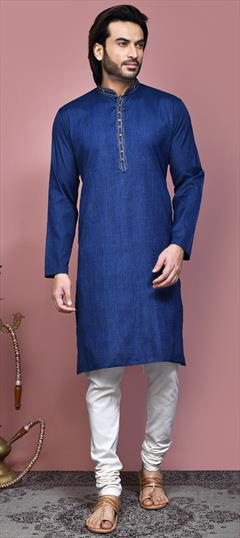 Festive, Traditional Blue color Kurta Pyjamas in Cotton fabric with Weaving work : 1937269