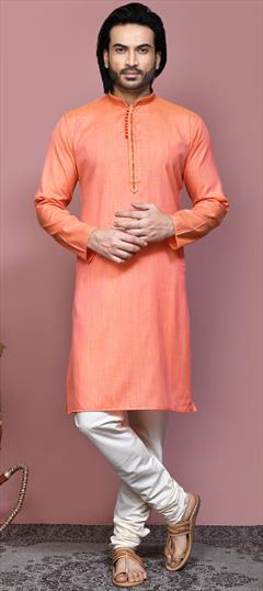 Festive, Traditional Orange color Kurta Pyjamas in Cotton fabric with Embroidered work : 1937271
