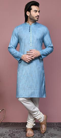 Festive, Traditional Blue color Kurta Pyjamas in Cotton fabric with Weaving work : 1937272