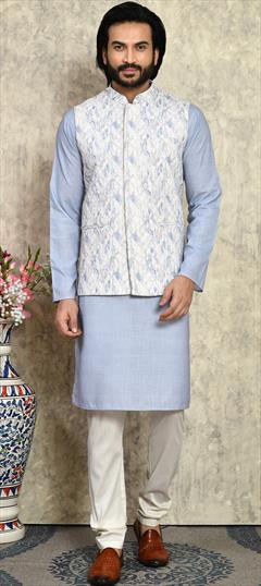 Festive, Wedding Blue color Kurta Pyjama with Jacket in Cotton fabric with Weaving work : 1937422