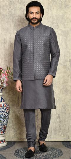 Festive, Wedding Black and Grey color Kurta Pyjama with Jacket in Art Silk fabric with Embroidered, Resham, Sequence, Thread work : 1937423