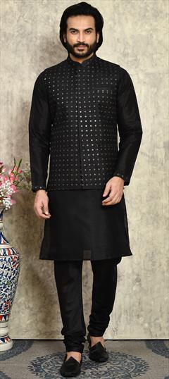 Festive, Wedding Black and Grey color Kurta Pyjama with Jacket in Art Silk fabric with Embroidered, Resham, Sequence, Thread work : 1937424