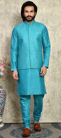 Festive, Wedding Blue color Kurta Pyjama with Jacket in Art Silk fabric with Embroidered, Resham, Sequence, Thread work : 1937425