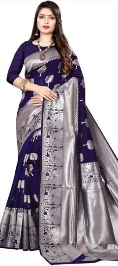 Traditional Blue color Saree in Banarasi Silk fabric with South Weaving work : 1937494