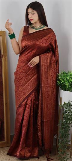 Traditional Red and Maroon color Saree in Banarasi Silk fabric with South Weaving work : 1937499