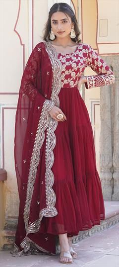 Engagement, Reception Red and Maroon color Gown in Viscose fabric with Embroidered, Sequence, Thread work : 1937549