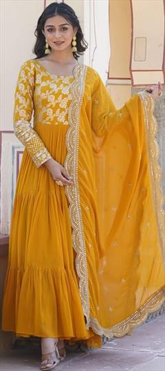 Engagement, Reception Yellow color Gown in Viscose fabric with Embroidered, Sequence, Thread work : 1937550