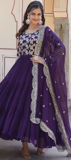 Engagement, Reception Purple and Violet color Gown in Viscose fabric with Embroidered, Sequence, Thread work : 1937551