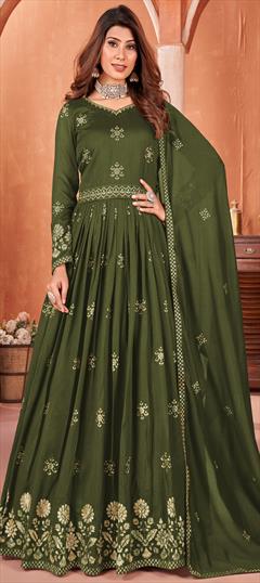 Festive, Reception, Wedding Green color Salwar Kameez in Art Silk fabric with Anarkali Sequence, Thread work : 1937552
