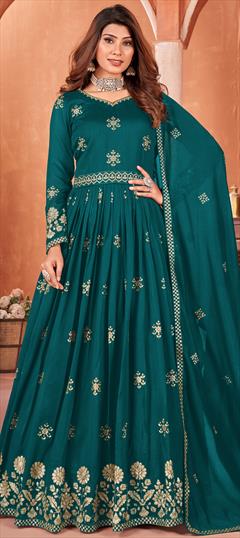 Festive, Reception, Wedding Blue color Salwar Kameez in Art Silk fabric with Anarkali Sequence, Thread work : 1937554