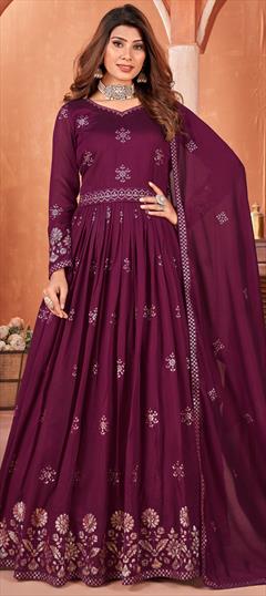 Festive, Reception, Wedding Purple and Violet color Salwar Kameez in Art Silk fabric with Anarkali Sequence, Thread work : 1937555