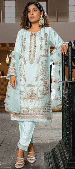Festive, Party Wear, Reception Blue color Salwar Kameez in Organza Silk fabric with Pakistani, Straight Embroidered, Stone, Thread work : 1937570