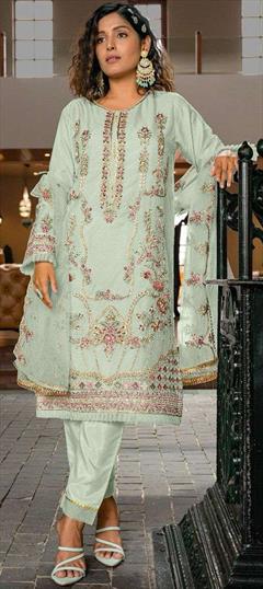 Festive, Party Wear, Reception Green color Salwar Kameez in Organza Silk fabric with Pakistani, Straight Embroidered, Stone, Thread work : 1937573