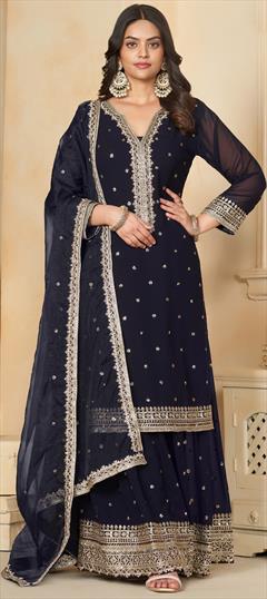 Party Wear, Reception, Wedding Blue color Salwar Kameez in Faux Georgette fabric with Palazzo, Straight Embroidered, Sequence, Thread work : 1937608