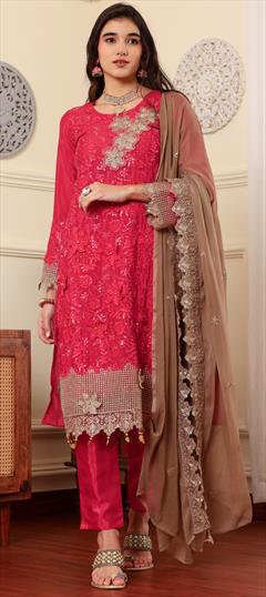 Festive, Party Wear, Reception Pink and Majenta color Salwar Kameez in Silk fabric with Pakistani, Straight Embroidered, Moti, Resham, Sequence, Zari work : 1937610