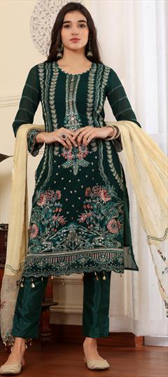Festive, Party Wear, Reception Green color Salwar Kameez in Georgette fabric with Pakistani, Straight Embroidered, Resham, Sequence, Stone, Zari work : 1937611