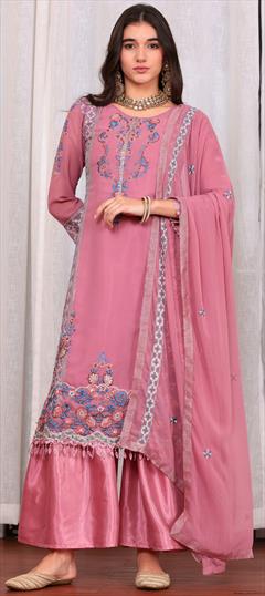 Festive, Party Wear, Reception Pink and Majenta color Salwar Kameez in Georgette fabric with Pakistani, Straight Cut Dana, Embroidered, Resham, Sequence, Zari work : 1937613