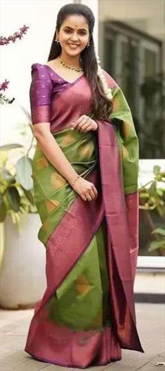 Festive, Traditional Green color Saree in Banarasi Silk fabric with South Weaving work : 1937735