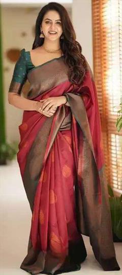 Festive, Traditional Red and Maroon color Saree in Banarasi Silk fabric with South Weaving work : 1937736