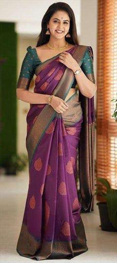 Festive, Traditional Purple and Violet color Saree in Banarasi Silk fabric with South Weaving work : 1937737
