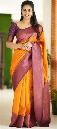 Festive, Traditional Yellow color Saree in Banarasi Silk fabric with South Weaving work : 1937738