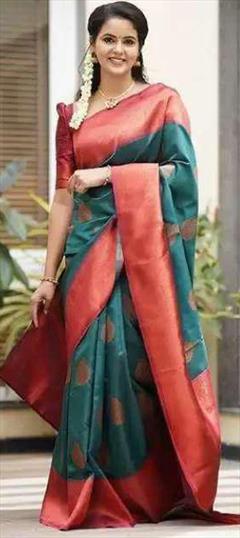 Festive, Traditional Green color Saree in Banarasi Silk fabric with South Weaving work : 1937739