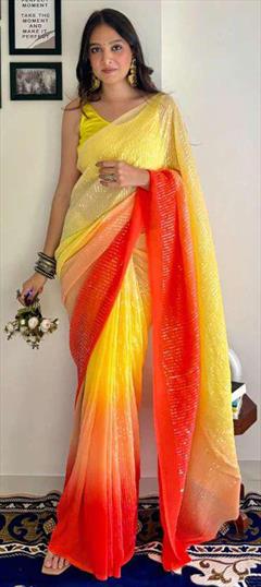 Festive, Party Wear Yellow color Saree in Georgette fabric with Classic Printed, Sequence work : 1937758