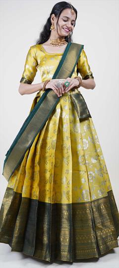 Festive, Reception Yellow color Lehenga in Silk fabric with Flared Foil Print, Weaving work : 1937763