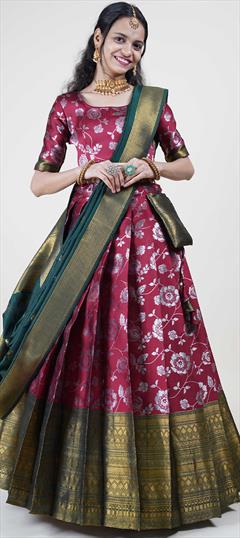 Festive, Reception Red and Maroon color Lehenga in Silk fabric with Flared Foil Print, Weaving work : 1937764