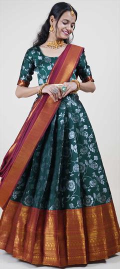 Festive, Reception Green color Lehenga in Silk fabric with Flared Foil Print, Weaving work : 1937765