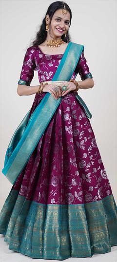 Festive, Reception Purple and Violet color Lehenga in Silk fabric with Flared Foil Print, Weaving work : 1937766