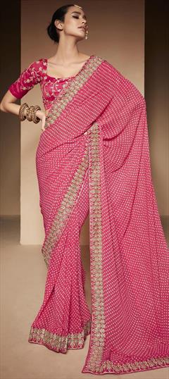 Festive, Reception Pink and Majenta color Saree in Georgette fabric with Classic Bandhej, Embroidered, Printed, Stone, Thread, Zari work : 1937781