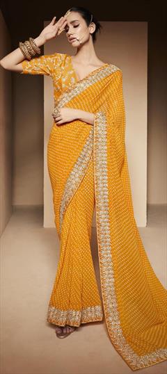 Festive, Reception Yellow color Saree in Georgette fabric with Classic Bandhej, Embroidered, Printed, Stone, Thread, Zari work : 1937789