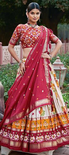 Festive, Party Wear, Reception Red and Maroon color Lehenga in Tussar Silk fabric with Flared Floral, Foil Print, Printed work : 1937790