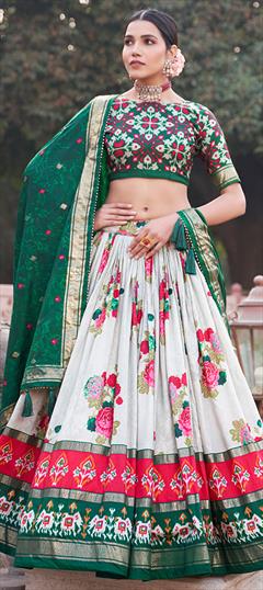 Festive, Party Wear, Reception Green color Lehenga in Tussar Silk fabric with Flared Floral, Foil Print, Printed work : 1937803