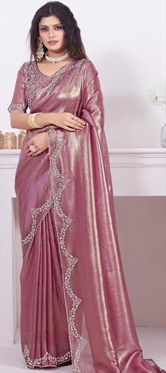 Reception, Wedding Pink and Majenta color Saree in Shimmer fabric with Classic Zircon work : 1937816